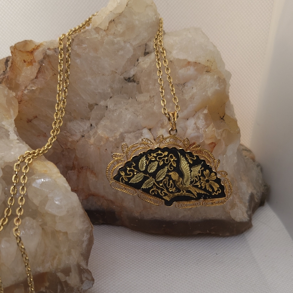 Damascene Bird Themed Fan Pendant Necklace